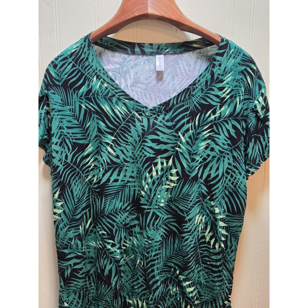 KUOTAI Shirt Womens XL Green Tropical Leaf V Neck‎ Short Sleeve Tunic Top